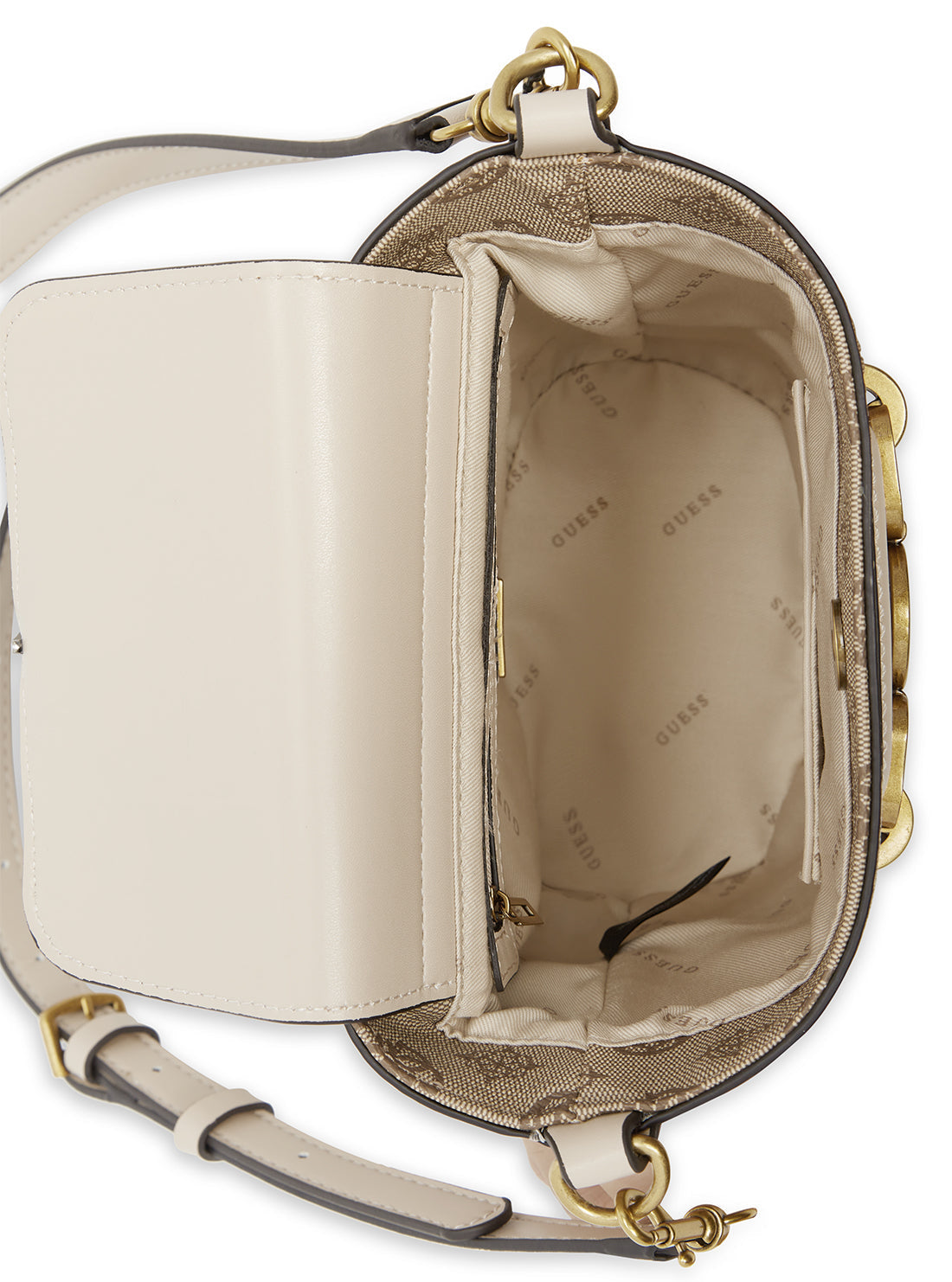 GUESS Womens  Beige Multi Print Hensely Logo Bucket Bag BB837801 Inside View