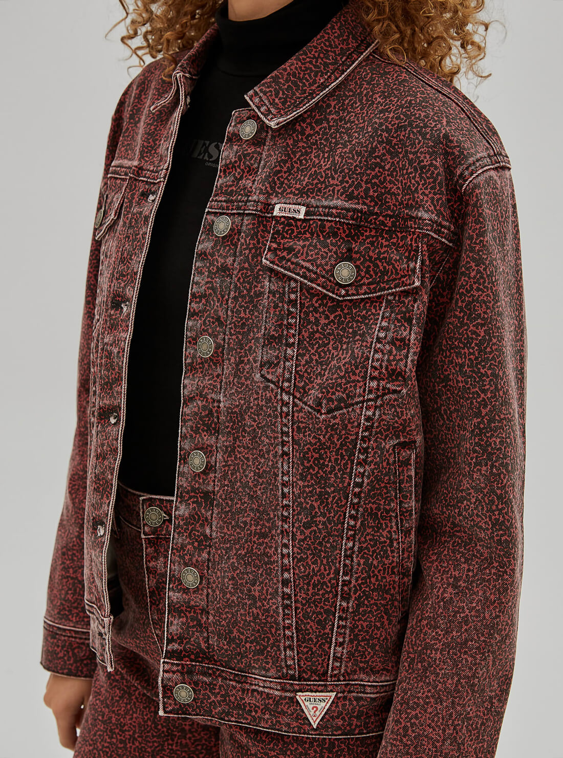 GUESS Womens Guess Originals Red Multi Rey Textured Denim Jacket W1RXN2FRIEN Detail View