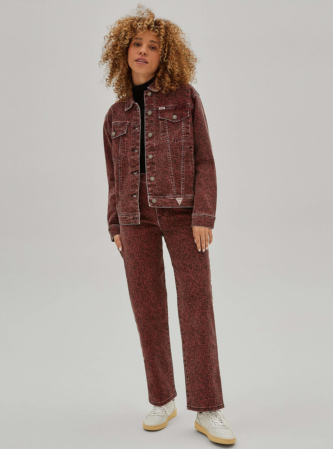 GUESS Womens Guess Originals Red Multi Rey Textured Denim Jacket W1RXN2FRIEN Full View