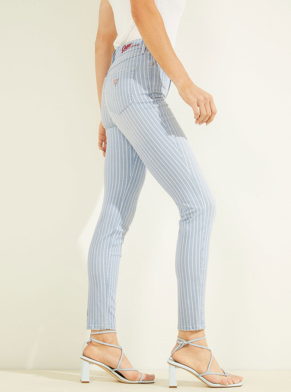 GUESS Womens High-Rise Skinny Fit 1981 Denim Jeans In Pinstripe Light Wash W2GA46D4DN5 Side View