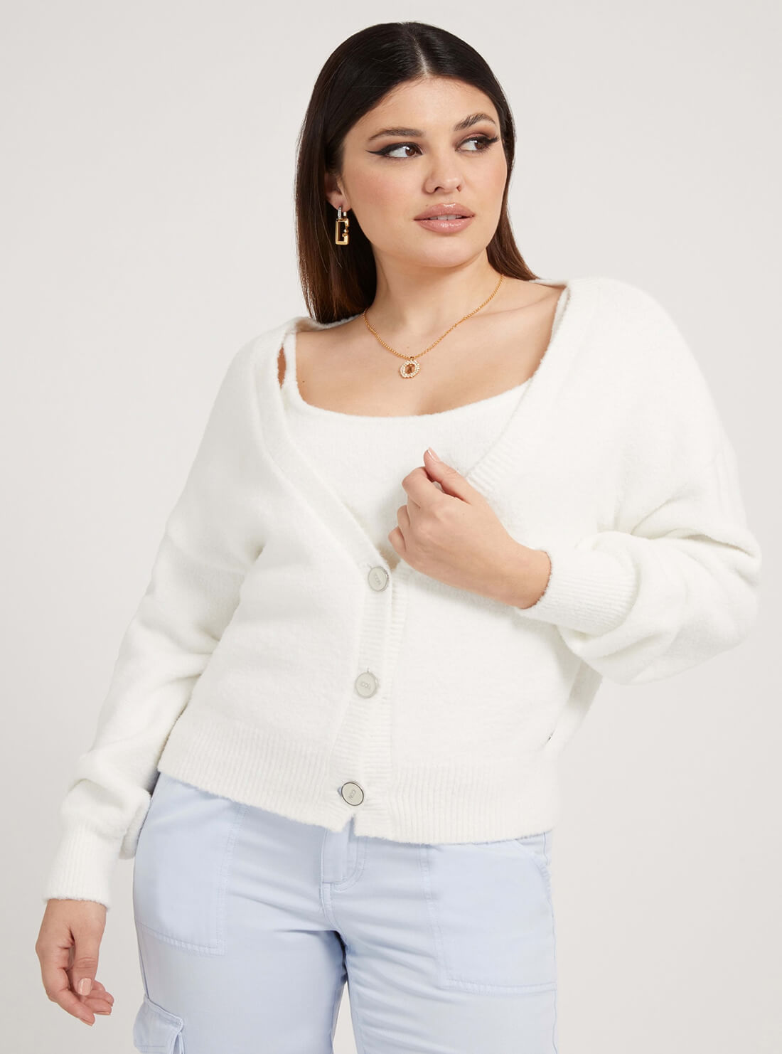 GUESS Womens White Maddie Knit Cardigan Model W2RR16Z2YA0 Front View