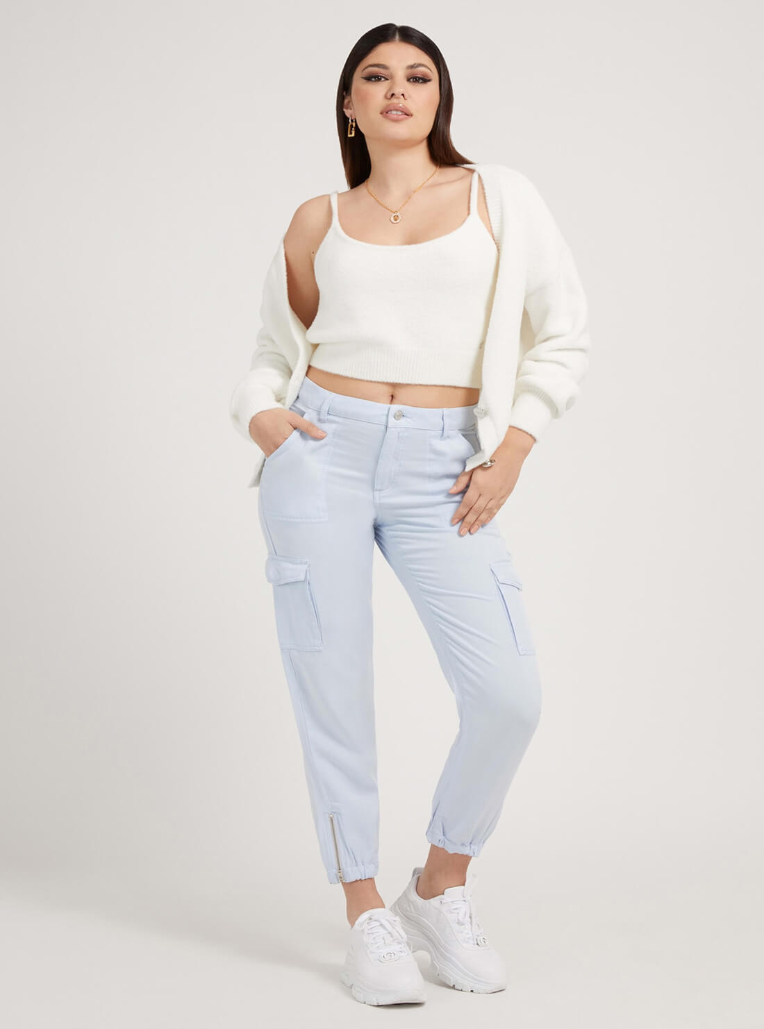 GUESS Womens White Maddie Knit Cardigan W2RR16Z2YA0 Model Full View