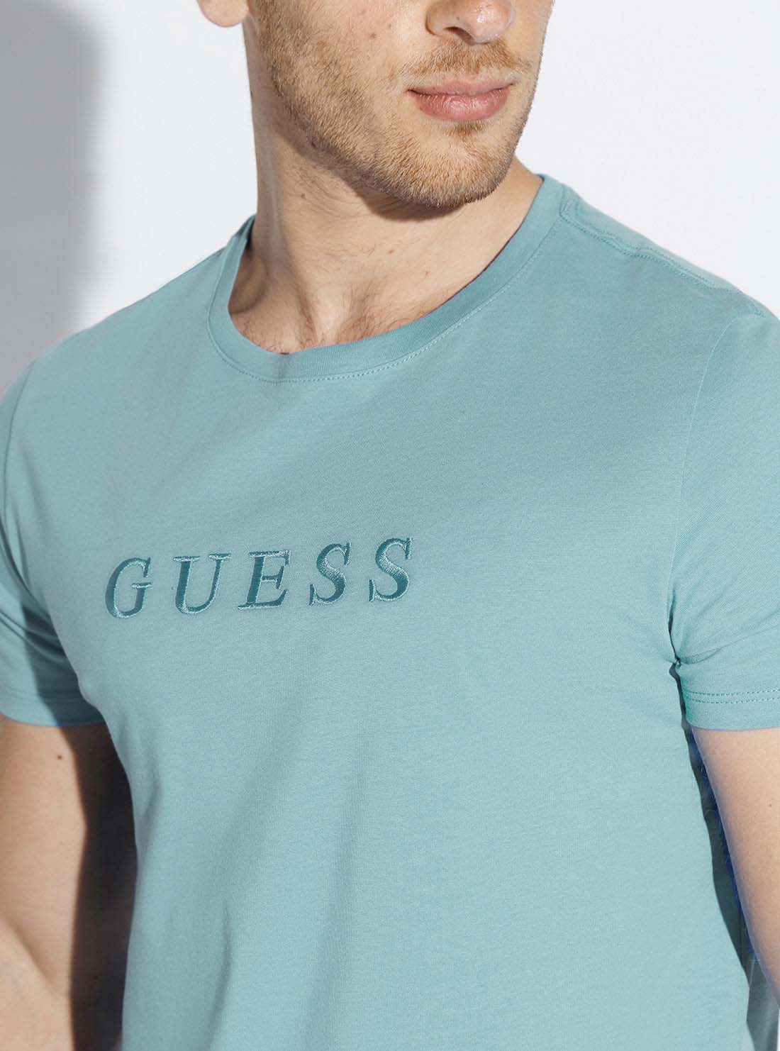 GUESS Mens Blue Pima Logo Crew Neck Tee    M82P64R7HD0 Detail View