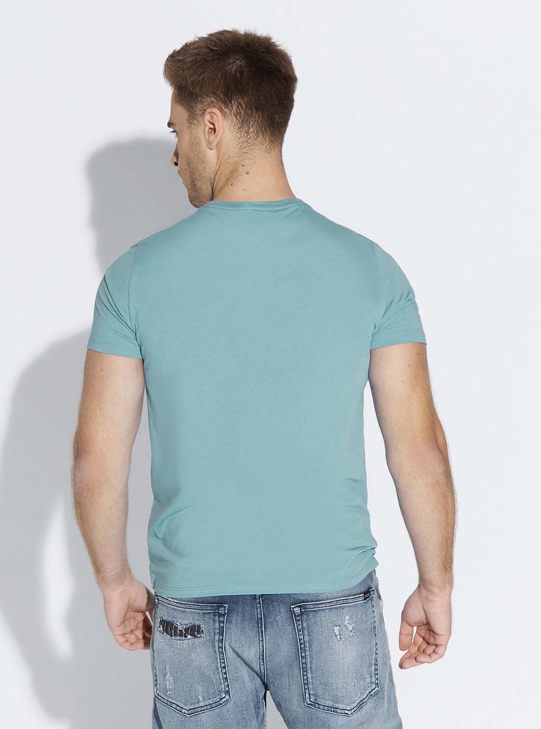 GUESS Mens Blue Pima Logo Crew Neck Tee    M82P64R7HD0 Back View