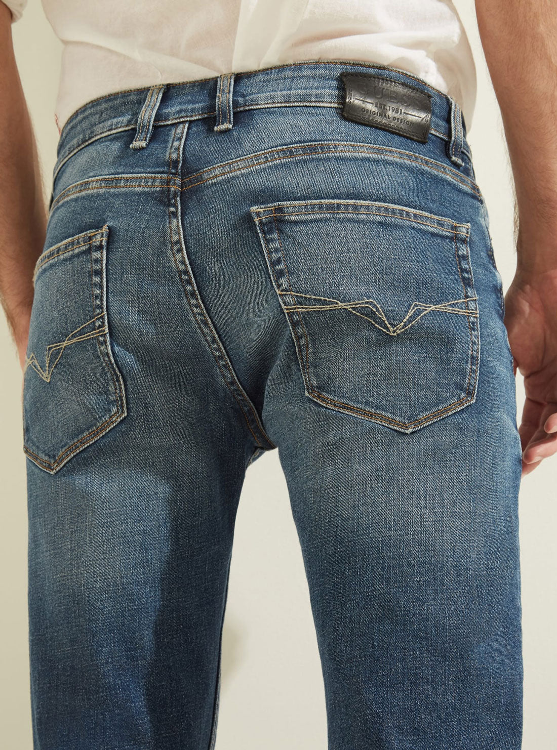 GUESS Mens Low-Rise Slim Straight Denim Jeans in Stratus Blue Wash MBGAS13041B Detail View