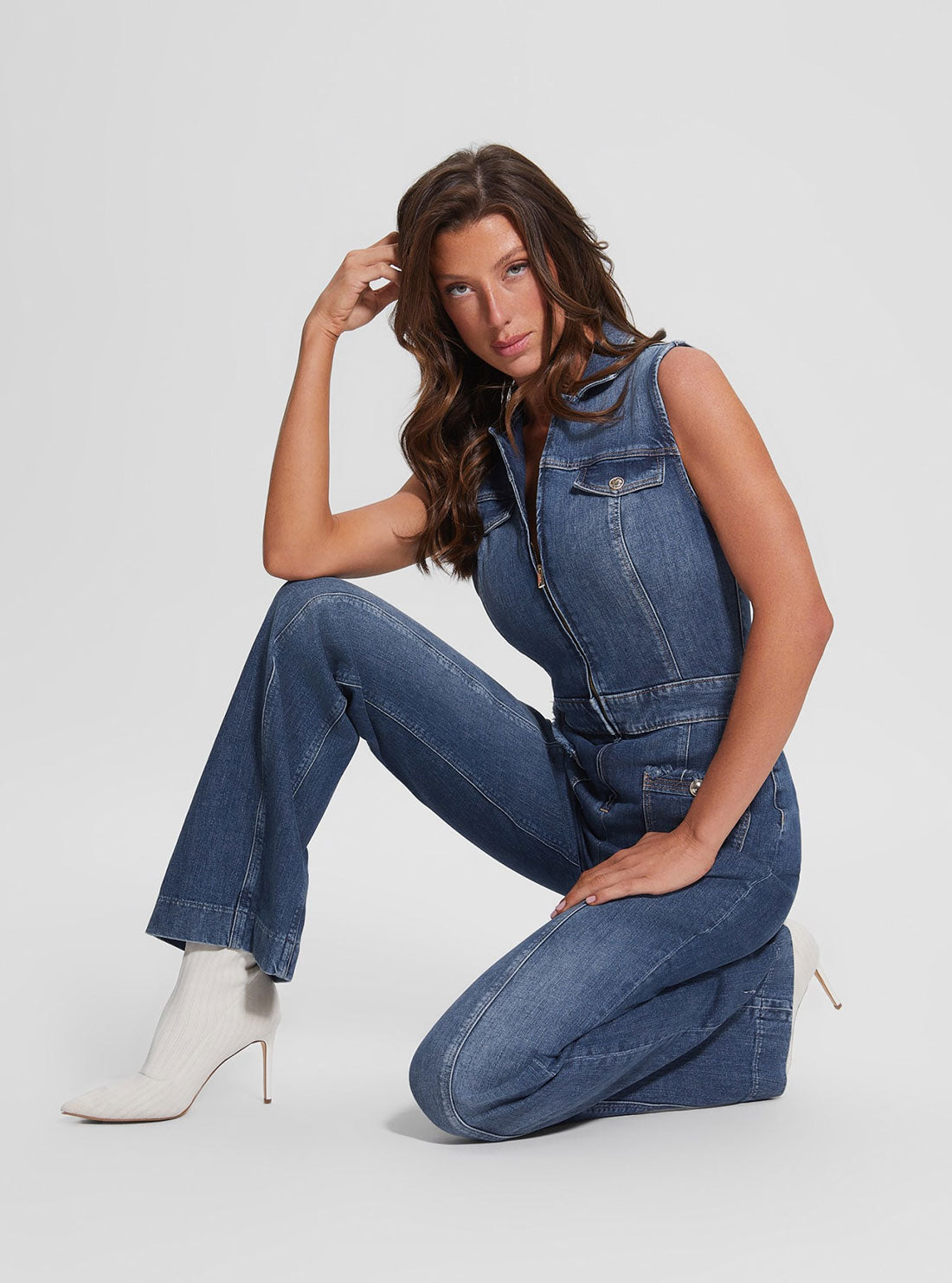 GUESS Women's Eco Penny Denim Jumpsuit W3RD38D4H77 Seated View