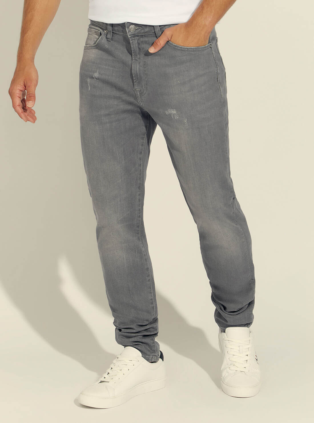 GUESS Mens Mid-Rise Slim Tapered Drake Denim Jeans in Grey Supra Wash M1BA37D4I04 Front View