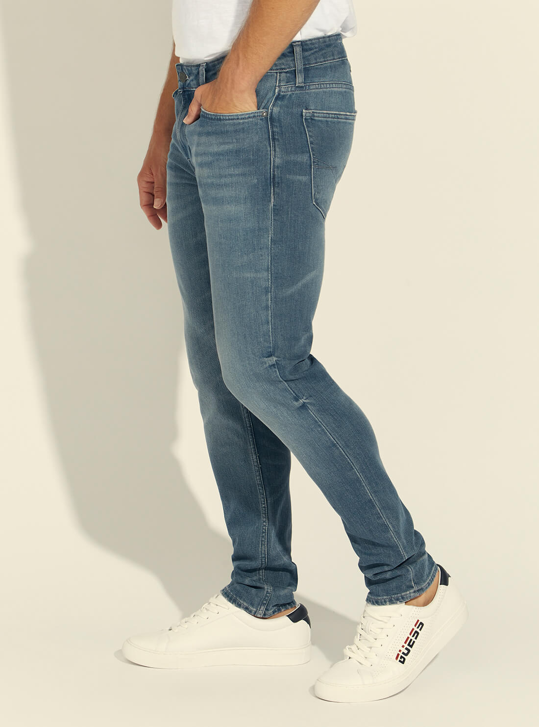 GUESS Mens Mid-Rise Slim Tapered Denim Jeans In Silverstar Wash M1BAS2D3Y43 Side View