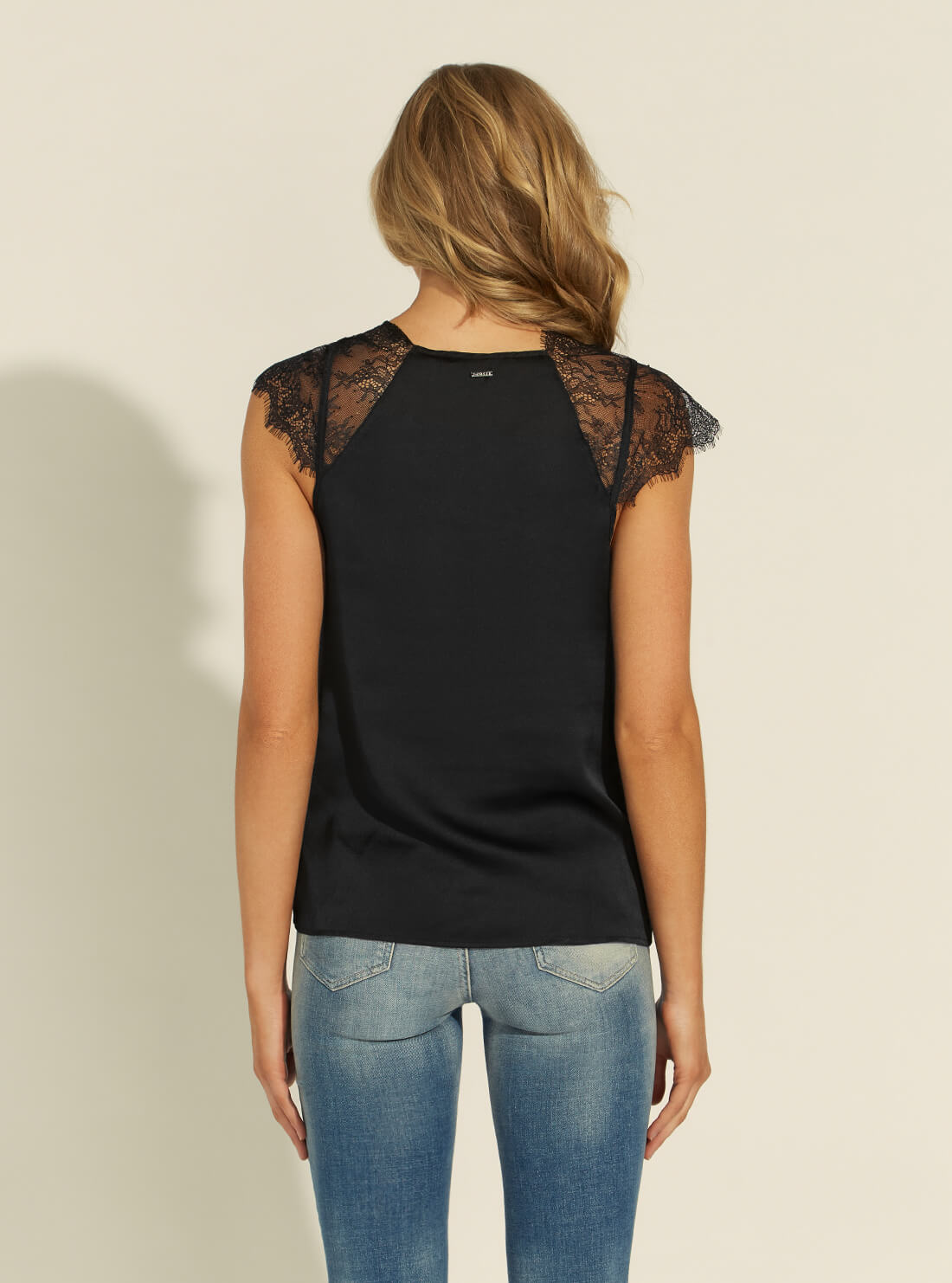 GUESS Womens Black Satin Lace Miranda Top W1YH0HWD8G0 Back View
